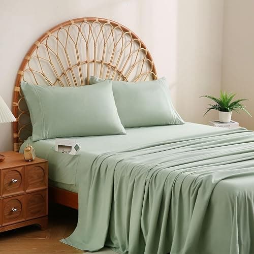 JSD Sage Green Full Sheet Set with Side Pocket Corner Straps, 4 Piece Soft Microfiber Bed Sheets Extra Deep Pocket - Image 1