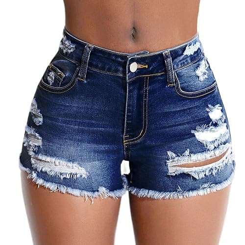 Tunlaud Women's Stretch Ripped Denim Shorts Mid Waist Casual Frayed Raw Hem Distressed Jean Shorts - Large - Dark Blue - Image 1