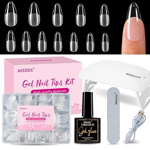 Misssix Medium Almond Gel Nail Tips Kit, 216Pcs Pre Etched Clear Fake Nails, Full Cover False Nail 9-in-1 Gel Glue and Portable Mini U V Nail Lamp for Women 12 Sizes - Image 1