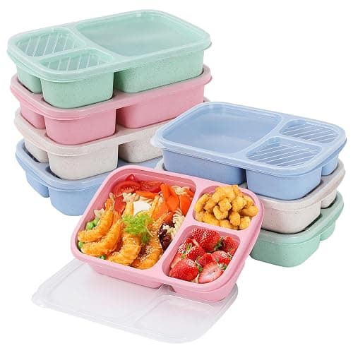 buluker 8 Pack Bento Lunch Box Set 3 Compartment Wheat Straw Meal Prep Food Storage Containers Plastic, Microwave and Dishwasher Safe(light colour) - Image 1