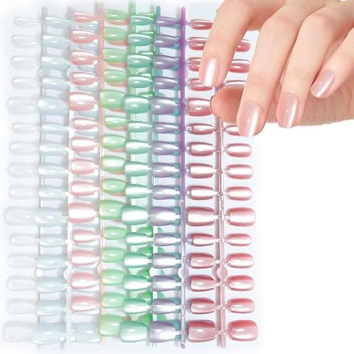 Laza 210pcs Cat Eye Press on Nails 7 Colors Macaroon Short Square Fake Nail | Reusable & Long-Lasting, Artificial Acrylic Fake Stick on Nails, Glossy Macaroon Effect, 15 Sizes Press On Nails - Image 1
