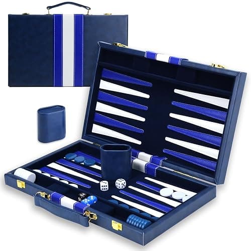 Backgammon Sets for Adults, 15 inch Backgammon Blue Sets Classic Board Game with Premium Leather Case, Portable Travels Strategy Backgammon Game Set for Adults, Kids (Blue) - Image 1