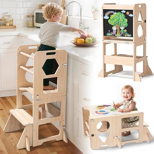 Woodure 4-in-1 Toddler Kitchen Step Stool, Foldable Learning Standing Tower with Blackboard, Wooden Kitchen Stool Helper for Kids, 1-3 Year Old Boy Girl Gifts - Image 1