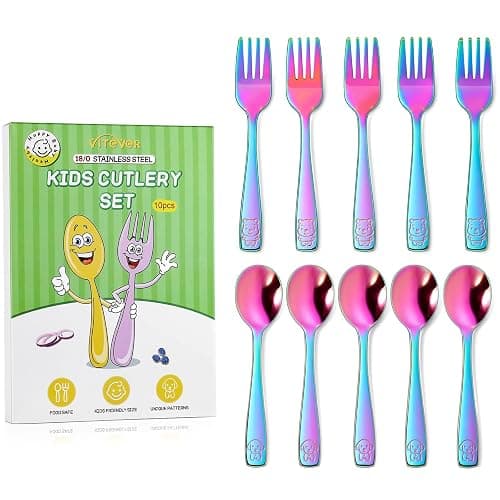 VITEVER 10 Pack Toddler Utensils, Stainless Steel Rainbow Silverware Set for Kids, Children Safe Cutlery Set Includes Forks and Spoons - Dishwasher Safe - Image 1