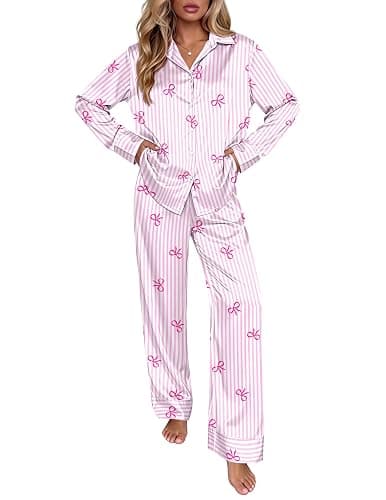 Ekouaer Silk Pajamas for Women Long Sleeve 2 Piece Lounge Set Fall Pjs | Soft Satin Pjs, Button Shirt Collar, 2 Piece Set, Printed, Fall Pjs, Lounge Sets With Pant - Image 1