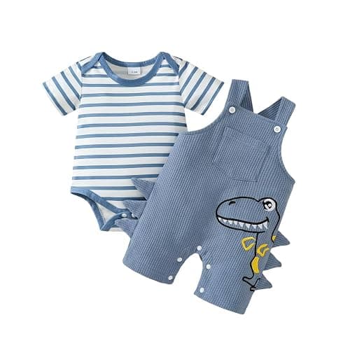 Tepuce Baby Boy Clothes Infant Boys Summer Outfits Short Sleeve Striped Romper Dinosaur Overall Shorts Set 0-18 Months - Image 1