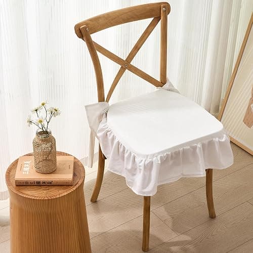 vctops Cotton Ruffled Chair Cushion for Kitchen Dining Room Chairs Farmhouse Neutral Thin Seat Cushion Soft Foam Non Slip Chair Pad with Removable Cover (White,16"x16") - Image 1
