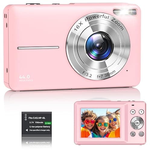 Digital Camera 1080P FHD Compact Digital Camera 44MP Portable Mini Small Photo Camera with 2.4" LCD Screen, 16X Digital Zoom and 1 Battery Vlogging Camera for Kids, Girls, Boys-Pink (No SD Card) - Pink - Image 1
