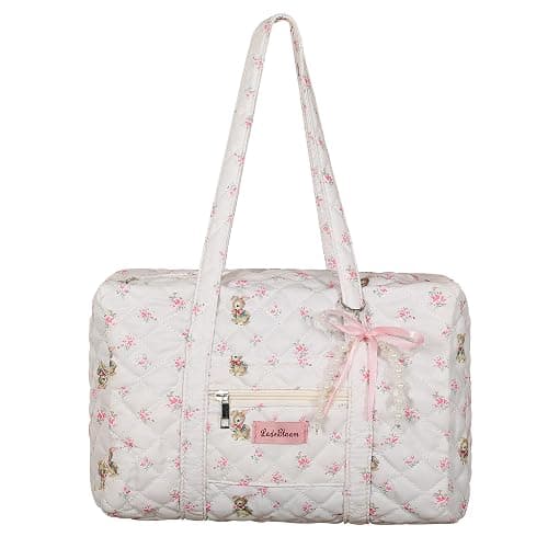 Coquette Tasche mit Schleife, Schlüsselanhänger, Weiß / Rosa, Blumenmuster, Reisetasche, für Damen, Sweetly Bunny Handtasche, niedlich, gesteppt, Puffertasche, Schultertasche, Handgepäcktasche für - Image 1