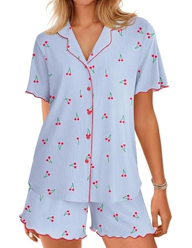 Ekouaer Button Up Pajamas Set for Women Short Sleeve Ribbed Knit Sleepwear 2 Piece Pjs Shorts Set - Image 1