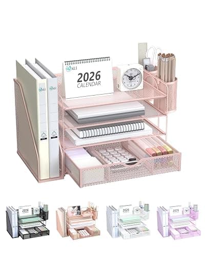 WALI Desk File Organizer, 4 Tier Desktop Paper Letter Tray Organizer with Drawer and 2 Pen Holders, Office Desk Accessories & Workspace Organizers for Office, Home Supplies(DO005DH-P), 1 Pack, Pink - Image 1