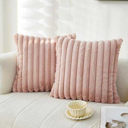 Sunday Praise Faux Fur Plush Decorative Throw Pillow Covers 16x16 Pink | Set of 2, Soft Plush Striped, Modern Home Décor, Farmhouse Boho Accent Cushion Covers for Couch Sofa Bed Living Room - Image 1