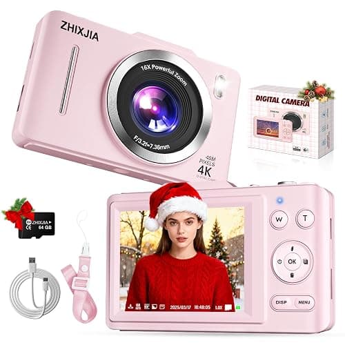 Digital Camera, Autofocus 4K Vlogging Camera for Photography with 64GB Card, Full HD 4K Point and Shoot Camera Portable Compact and Shoot Digital Camera for 16X Zoom, Anti-Shake, for Beginners, Pink - Image 1