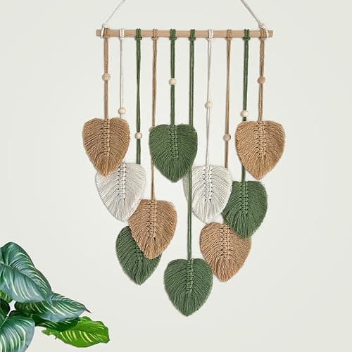 TUDRUKU 15.7x36 Inch Macrame Wall Hanging Nursery Decor Leaves Woven Tapestry Feather Handmade Yarn Tassels Boho Wall Decor for Bedroom Living Room Apartment Home Backdrop (Green) - Image 1