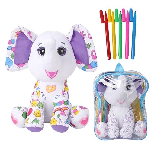 DRAWMYTOY Coloring Plush Toy with 5 Washable Markers for Little Girls Doodle Dolls for Kids Ages 4-6 Birthday (Elephant) - Image 1