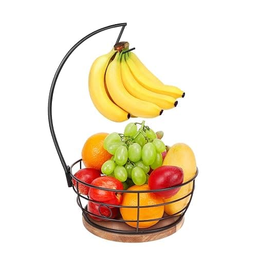 Livabber Countertop Fruit Basket Bowl with Banana Hanger, Modern Standing Fruit Vegetable Bowl Storage, with Banana Tree Holder for Kitchen Dinning Table (Round Wood, Black) - Image 1