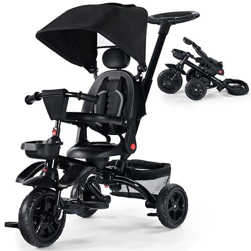 Kinder King Kids Tricycle, 7 in 1 Folding Toddler Trike w/Adjustable Push Handle, Rotatable Seat, Adjustable Canopy, Safety Harness, Storage, Toddler Stroller Bike for Age 6 Months+,Black - Black - Image 1