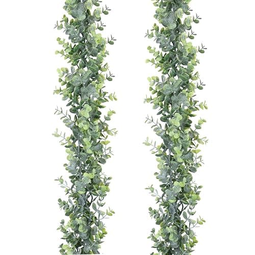 DearHouse Faux Eucalyptus Garland Plant, 2 Pack Artificial Vines Hanging Eucalyptus Leaves Greenery Garland for Wedding Backdrop Arch Wall Decor, 6 Feet/pcs UV Protected Indoor Outdoor - Image 1