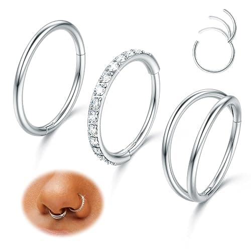 MILACOLATO G23 Titanium Nose Rings Hoops 16G 18G 20G Septum Rings Hinged Clicker Opal CZ Double Hoop Nose Ring Cartilage Conch Rook Daith Helix Nostril Piercing Jewelry for Women Men - Image 1