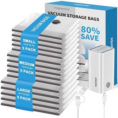 Mapambo Vacuum Storage Bags with -60000Pa USB Pump, 15 Pack Vacuum Seal Bags for Clothing Travel in 3 Sizes, Travel Vacuum Bags with Pump, Saving up to 80% of Luggage Space (15 Combo Size) - Image 1