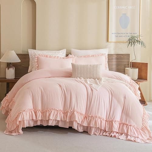 Masaca Blush Ruffle Comforter Full Size,3 Pieces Farmhouse Shabby Boho Chic Bedding Sets Full,Women Girls Bedroom Vintage Rustic Bedding Comforter Set All Season - Image 1