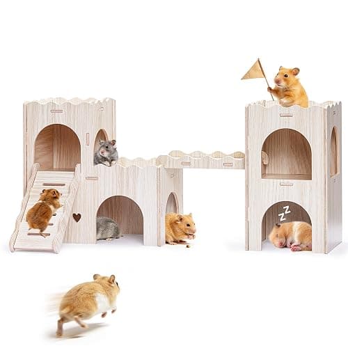 Jevnd Large Hamster Hideout, Wooden Double-Decker Castle with Climb Ladder | Multi Chamber Gerbil Habitat House, With Ladder, Bridge & Balcony, Offers Ample Space for Multiple Hamsters to Explore & Play - Image 1