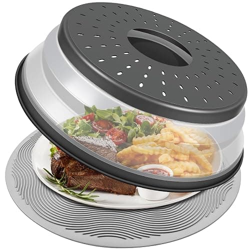 LekDrok 10 Inch Microwave Food Cover & Collapsible Silicone Mat - Splatter Guard, Plate Holder & Kitchen Colander for Meal Prep, Charcoal - Image 1