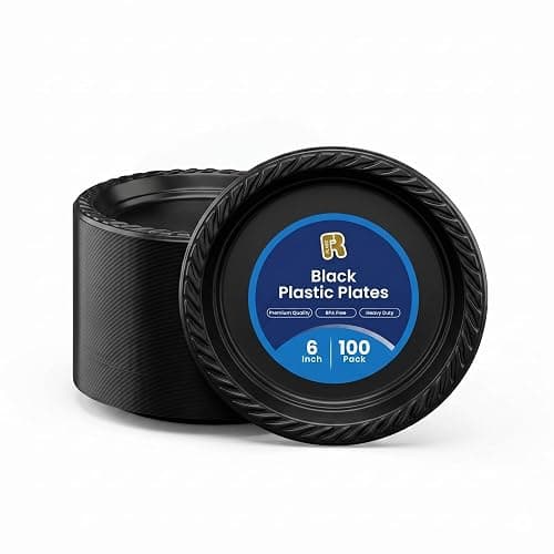 R-kay 100 Pack 6 Inch Black Plastic Plates Disposable - Heavy Duty Black Dessert Plates Disposable - Microwavable Small Disposable Plastic Plates - Image 1