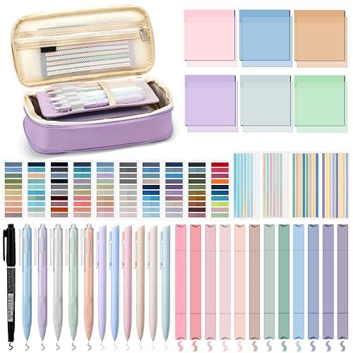 135 Pcs Book Annotation Kit Aesthetic Pencil Case Bag with 12 Highlighter 11 Gel Pen 1 Marker 300 Sheets Transparent Sticky Notes Pads 2640 Index Tabs Bible Study Supplies for School Gift(Purple) - Image 1