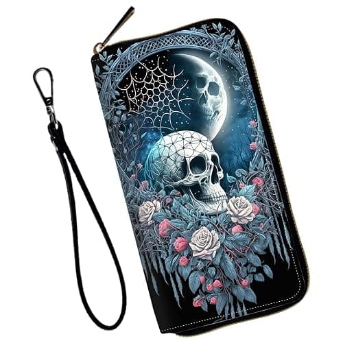 Mxfdegf Wristlet Wallet for Women Teen Girls RFID Blocking Credit Card Holder with Removable Wristlet, Leather Phone Wallet Clutch Large Capacity Ladies Travel Purse-Skull Roses Floral - Image 1