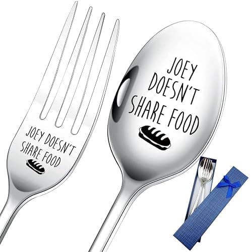 HSSPIRITZ 2 Pieces Joey Doesn't Share Food Funny Engraved Stainless Spoon Fork Set,Friends Tv Show Merchandise,Kitchen Dinner Spoop and Fork for Women, Men, Friends, Sister Birthday Christmas Gifts - Image 1