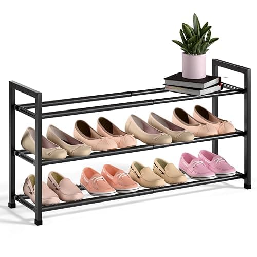 Bumusty 3-Tier Expandable Shoe Rack for Closet, 18“-33” Adjustable Shoe Rack for Small Space, Small Shoe Organizer for Front Door, Sturdy Metal, Black - Image 1