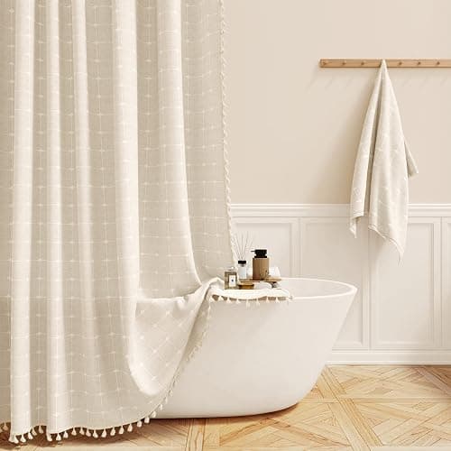 BTTN Extra Long Shower Curtain, 72x84 Inch Long Boho Tassel Linen Fabric Shower Curtain Set with Plastic Hooks, Tall Modern Farmhouse French Country Chic Cloth Shower Curtain for Bathroom, Cream/Beige | Tall Size, 330GSM Linen Blend, 3-side Tassels, Water Repellent Fabric, 12 Plastic Hooks, Rustic Bohemian, Machine Washable - Image 1