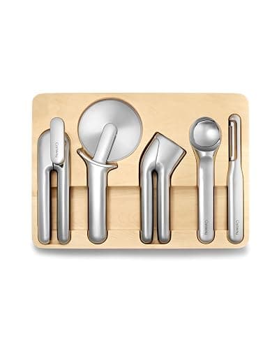 Caraway Kitchen Gadget Set - 5 Piece Kitchen Essentials - Stainless Steel - Includes Can Opener, Pizza Cutter, Garlic Press, Ice Cream Scoop, Vegetable Peeler, and Storage Organizer - Image 1