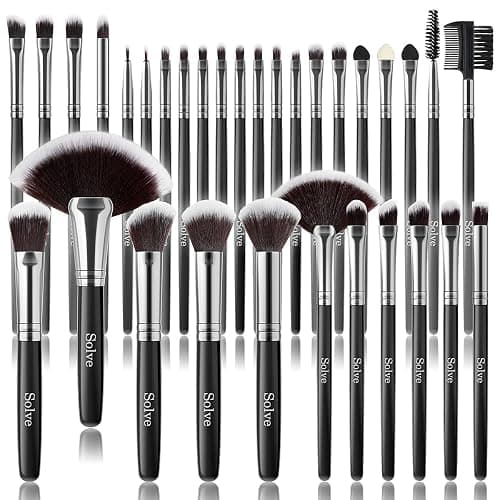 Makeup Brush Set, SOLVE 32 Pieces Professional Makeup Brushes Wooden Handle Cosmetics Brushes Foundation Concealer Powder Face Eye Make up Brushes Kit, Black - Image 1