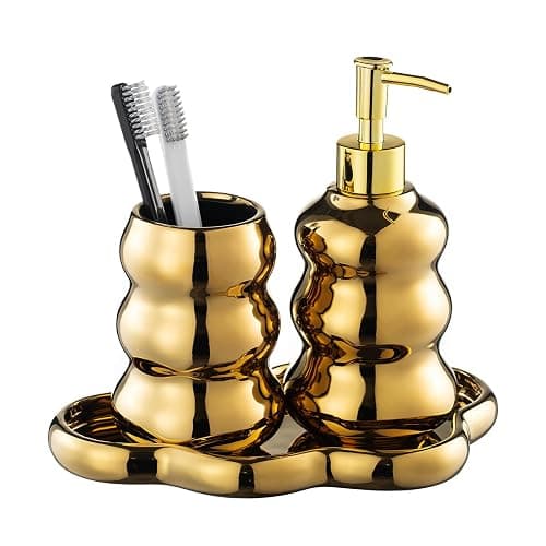 Gold Bathroom Accessory Set, 3-Piece Gold Ceramic Bath Accessories Set with Tray, Lotion Dispenser, and Tumbler for Luxurious Bathroom Decor - Image 1