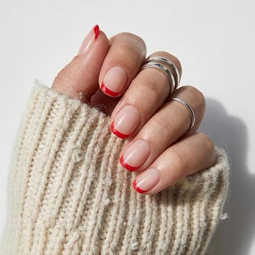Glamnetic Press On Nails - Hotline Red | Super Short Fake Nails in Fiery Red French Tips on Semi-Transparent Base in a Glazed Finish | 15 Sizes - 30 Nail Kit with Glue - Image 1