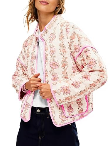 Tankaneo Womens Quilted Lightweight Jackets Floral Print Winter Coats Open Front Cardigan with Pockets - Image 1