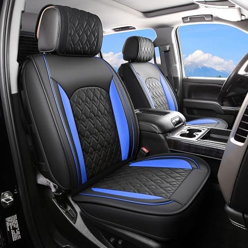 JOJOBAY Chevy Silverado Seat Covers,Leather Seat Covers for GMC Sierra,Custom Fit 2007-2026 1500 2500HD 3500HD Crew Double Extended Regular Cab,LT LZT RST Trail Boss(Front Pair,Black Blue) - Image 1