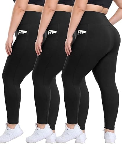 3 Pack Plus Size Leggings with Pockets for Women - High Waisted Tummy Control Spandex Soft Black Workout Yoga Pants - Image 1