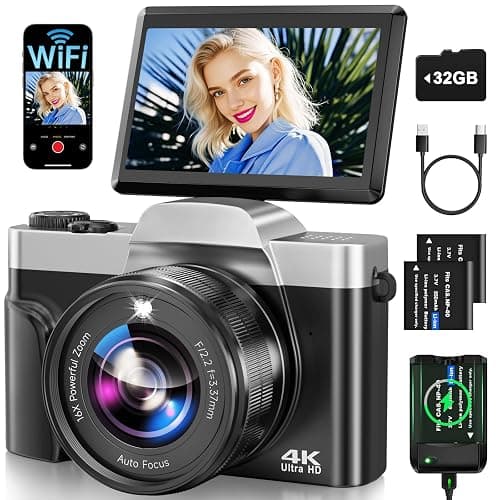 4K Digital Camera for Photography with WiFi 64MP Auto-Focus Vlogging Camera for YouTube Video 3'' 180° Flip Screen 4K Cameras 16X Zoom Anti-Shake Compact Point and Shoot Cameras with SD Card - Image 1