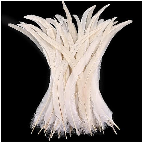 THARAHT 50PCS Rooster Coque Tail Feathers Bulk Natural 12-14Inch 30-35cm for Crafting Wedding Fly Tying Feather Party Performances DIY Decoration Rooster Tail Feather,White - Image 1