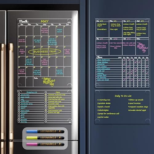 JJPRO Non-Magnetic Dry Erase Calendar - Monthly & Weekly Chart, List & Blank Board for Smooth Surfaces. Clear Reusable Calendar Sticks to Fridge, Cabinet, Door & Glass - Image 1