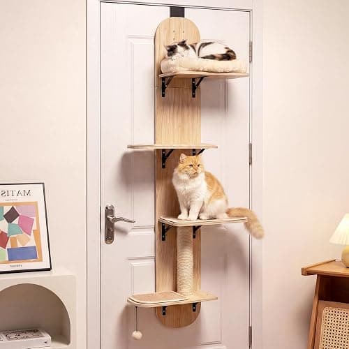 PETSITE Door Mounted Cat Tree, 58.5-61.5 Inches Height Adjustable Hanging Cat Climber with Scratching Post, Detachable Scratching Mats, and Comfy Plush Cat Bed (Natural) - Image 1