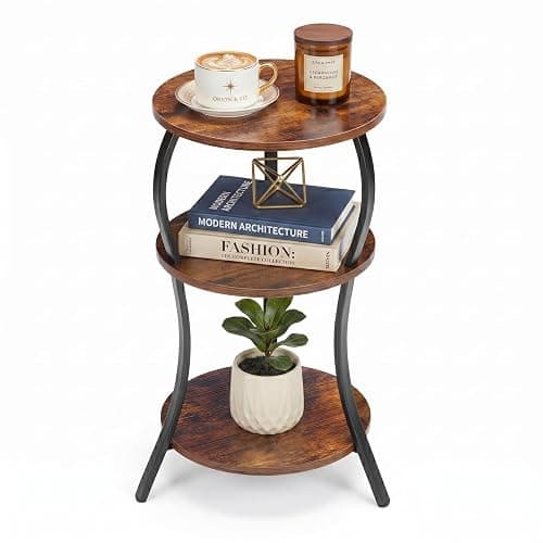 YEAKOO Vintage Small Round Side Table,3-Tier End Table for Small Spaces | Circular Table with Storage Shelf,Compact Tea Sofa Table Corner Table Nightstand for Living Room Bedroom ,Rustic Brown - Image 1