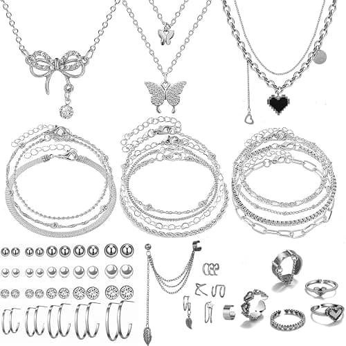 IFNODO 47pcs Gold Jewelry Set With 3 PCS Necklace, 11 PCS Bracelet,20pcs Hoop Stud Earrings,7pcs rings set For Women For Birthday Gifts - Image 1