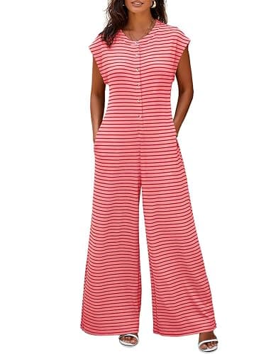 PINK SIZE SMALL Cicy Bell Womens Summer Striped Wide Leg Cap Sleeve Button Down Jumpsuits | Casual, Crew Neck Jumper, Waffle Knit Outfits, Long Pants Romper, with Side Pockets, Beach - Image 1