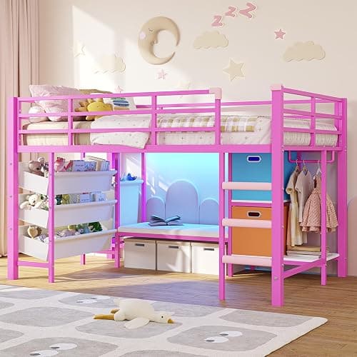 DICTAC Low Twin Size Loft Bed with Reading Corner and Bookshelf,Metal Twin Loft Bed with LED Lights,3 Sling Drawers&2 Movable Storage Bins,loft bed for Kids with 13.98"H Safety Guardrail & Stairs,Pink - Image 1