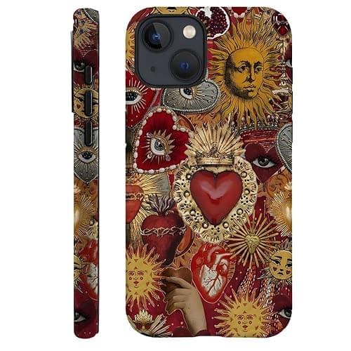 Case Compatible with iPhone 13,Scratch Resistant Hybrid 2-Layer Hard Shell Phone Case,Vintage Sacred Heart Sun Red - Image 1