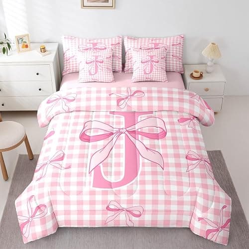 Feelyou Pink Bow Comforter Set with Sheets 7 Piece Full Size Cute Checkered Bowknot Bedding Set for Kids Boys Girls Personalized Initial J Bed in a Bag Room Decor Soft Lightweight Microfiber - Image 1